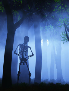 spooky skeleton in blue trees